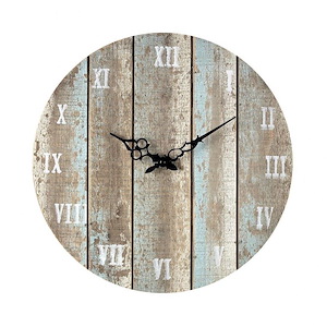 Modern Farmhouse Style Weathered Wood Round Wall Clock in Light Blue with Roman Numeral Numbering 16 inches W x 16 inches H