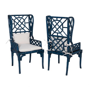 Set of 2 Hand-Carved Wooden Bamboo Design Wingback Chair in Symphony Blue with Removable Cushions 24 W x 47 H x 26 D