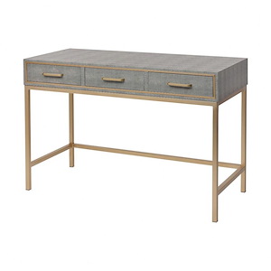 3-Drawer Art Deco Faux Shagreen Desk in Grey and Brushed Gold Frame and Handles with Golden Legs 47.25 inches W and 32 inches H