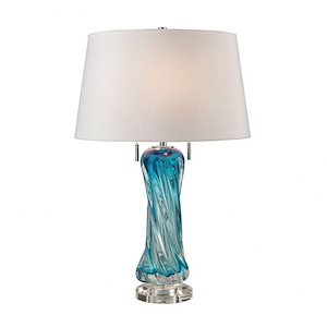 2 Light Crystal Table Lamp with Hand Blown Sprial Glass Base and White Hard Back Drum Shade-Pull Chain