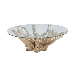Modern Round Glass Top Coffee Table in Champagne Gold Finish with Hand Crafted Teak Root Base 47 inches W and 18 inches H