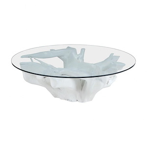 Modern Round Glass Top Coffee Table in Champagne Gold Finish with Hand Crafted Teak Root Base 47 inches W and 18 inches H
