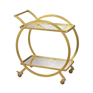 Two-Tier Mirror Shelving Ring Bar Cart in Antique Gold Finish with Wheeled Metal Legs 28.5 inches W and 31.5 inches H