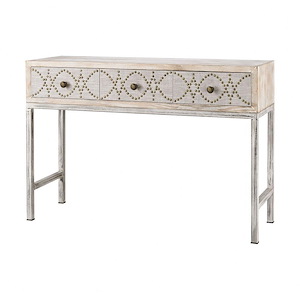 3-Drawer Console Table with Patterned Antique Brass Nail Heads and Natural Linen with Cream metal Base 47.2 inches W and 33 inches H