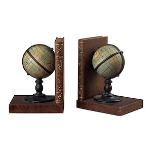 World Map Globe On Book Bookend Made Of Resin In A Brown-Green Finish