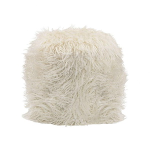 Retro Decorative White Shag Fur Ottoman Seat in Silver Finish made of Faux Fur and Metal 15 W x 19 H x 15 D