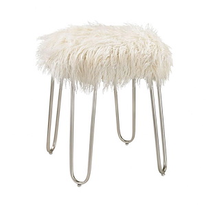 Transitional Style Retro White Faux Fur Stool in Silver Finish with Metal Legs 15.5 W x 20.5 H x 15.5 D