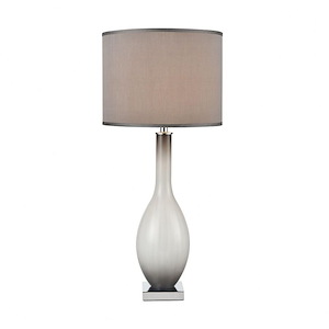 Grey Smoked Opal-Chrome Gourd Table Lamp Made Of Glass And Metal With A Grey Faux Silk Fabric Shade With A 3-Way Switch