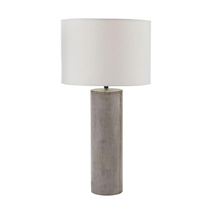 1 Light Contemporary Concrete Table Lamp with Tall Cylinder Base and Off-White Hardback Fabric Drum Shade-On/Off Socket Switch