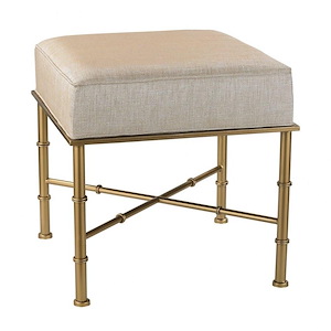 Modern Square Stool with Cream Metallic Linen Upholstery with Cane-Style Metal Frame 18 inches W x 18 inches H