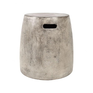 Rustic Style White Concrete Cylinder Stool In Wax Finish with Stippled Black Details 17 W x 18 H x 17 D