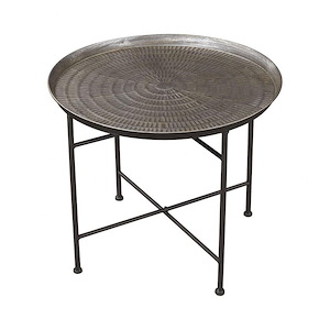 Industrial Round Accent Table in Metallic Rub-Pewter Finish with 4 Metal Legs 21 inches W and 17 inches H