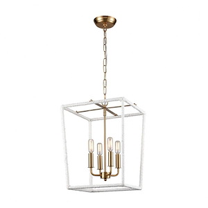 Hand-wrapped White Rope Frame 4-Light Chandelier in White Aged Brass Finish with Candle-Style Bulbs 14 inches W x 18 inches H - 890105