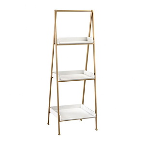 Mid-Century Modern Accent Shelf in Gold Metal and Gloss White Wood with Slender Metalwork Frame 17 W x 48.5 H x 15.5 D