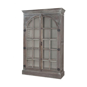 Rustic Greige Display Cabinet Made Of Glass-Mahogany Solid Wood In Manor Griege-Waterfront Grey Stain-Whitewash Finish - Credenza With Glass Doors