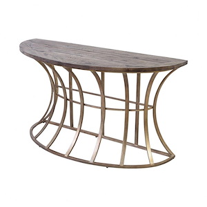 Rustic Half-Oval Shape Wooden Console Table in Soft Gold and Solid Grey Pine with Bowed Cage Frame 54 inches W and 28 inches H - 890514