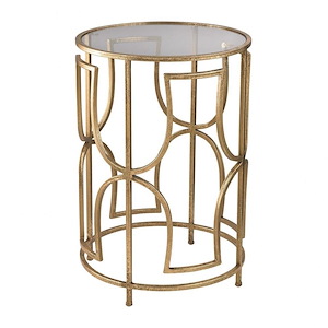 Modern Glass Top Metal Base Round Accent Table in Gold Finish with Drum Style Frame Base 14 inches W and 20 inches H