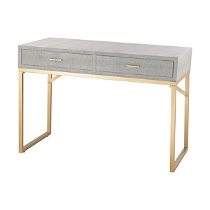 2-Drawer Art Deco Faux Shagreen Vintage Desk in Grey Finish with Golden Sled Legs 42 inches W and 32 inches H
