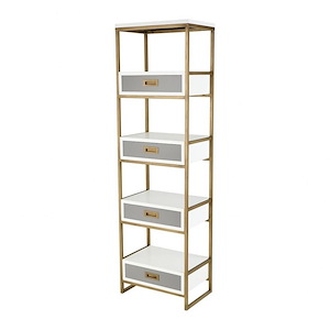 Modern Olympus Shelf with Gold Metal Frame and Open Wood Shelves with Four Grey Drawers 20 W x 68 H x 13 D