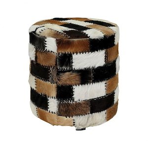 Chic Animal Hide Drum Ottoman Stools in Natural Finish Made Of Leather - Mahogany 13.75W x 17.75 H x 13.75 D