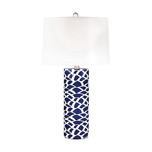 Navy Blue and White Ceramic Table Lamp with White Linen Shade and 3 Way Switch