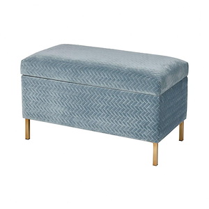 Soft Blue Storage Ottoman Bench Seating in Blue Chenille and Gold Finish made of Chenille Fabric and Metal 31 W x 18.5 H x 15.75