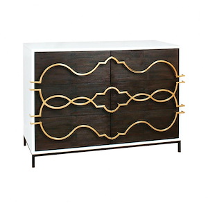 6-Drawer Transitional Side Chest in Dark Stained Wood and White Finish with Brass and Mahogany Accents 22 L x 27 W x 28 H