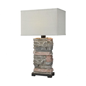 Stone Outdoor Table Lamp Made Of Composite With A Grey-Clear Linen Shade With An On/Off Socket Switch