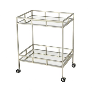 Metal Mirror Two-Tier Rectangular Drink Carts in Nickel Finish with Wheeled Legs 24 inches W and 29.5 inches H