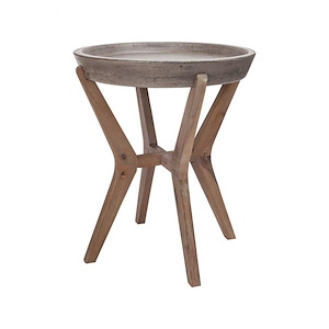 Round Concrete Top and Acacia Frame Accent Table in Waxed Concrete and Wood Tone with 4 Wood Legs 18.25 inches W x 21.75 inches H