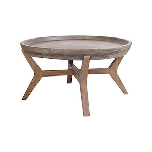 Round Concrete Top and Acacia Frame Accent Table in Waxed Concrete and Wood Tone with 4 Wood Legs 31.5 inches W x 16.5 inches H