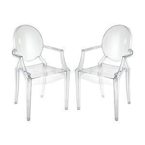 Modern Transparent Acrylic Armchair in Clear Finish with Oval Back and Tapered Legs 22 W x 36.25 H x 21.25 D