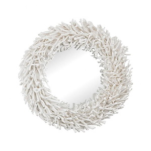 Modern Farmhouse Round Wood Mirror in White Finish with Handcrafted Garland of White Sprigs 23 inches W x 23 inches H