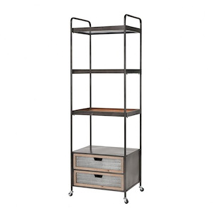 Fir Wood and Metal Shelving Unit in Galvanized Steel Finish with Wood Accents and Neutral Tones 23 W x 68.9 H x 18.11 D