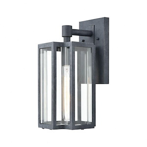 Rectangular Exposed Bulb One Light Outdoor Wall Sconce - Transitional Porch Light with Slender Lines and Curved Glass