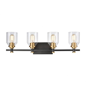 Rustic Four Light Vanity Light Fixture with Exposed Bulbs-Straight Arm-Rectangular Back Plate