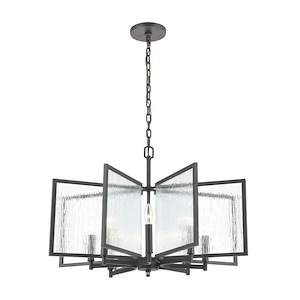Geometric Eight Light Chandelier with Curved Metal Elements and Textured Glass Panels - 933165