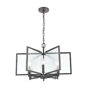 Six Light Geometric Chandelier with Curved Metal Elements and Textured Glass Panels - 933166
