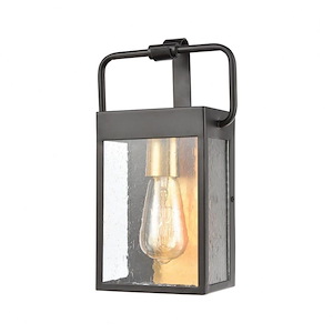 Exposed Bulb 12 Inch One Light Outdoor Wall Lantern - Rectangular Porch Light with Brass Accents