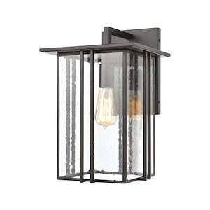 Exposed Bulb One Light Wall Outdoor Sconce - Rectangular Mission Style Porch Light with Thin Parallel Lines