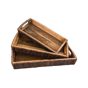 Natural Wood Carved Trays Set Of 3 In Natural - Serving Standard With Handles 20-Inches Wide - Material Wood