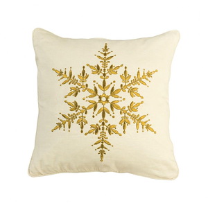 Gold Snowflake Holiday Throw 20x20-inch Pillow Cover Only Gold Metallic Embroidery/Green Piping Colors