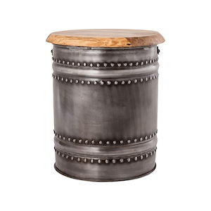 Industrial Drum Stool With Mango Wood Top Made Of Mango Wood/Iron In Zinc/Natural/Natural Finish-14.25-Inch Stools Seating - 896022