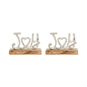 Silver Joy Holiday Tabletop Decor Set of 2 made of Aluminum/Wood Size-4.5 inches in Sawyer White/Silver Color-Holiday