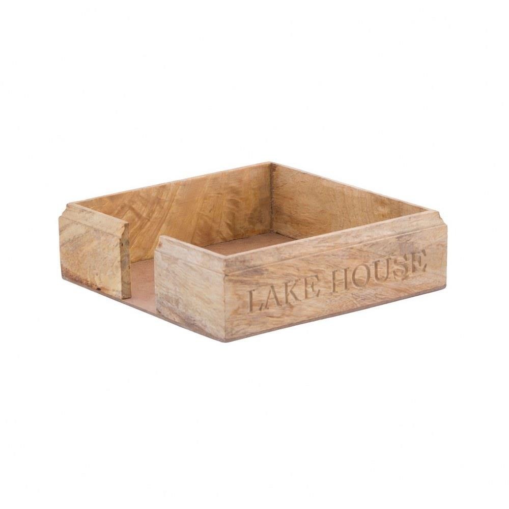 Bailey Street Home 2499-BEL-3379594 Square Wood 7.25 Inch Napkin Holder With Imprinted Word Lake House Made Of Mango Wood In A Food-Safe/Natural Finish