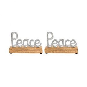 Silver Peace Holiday Tabletop Decor Set of 2 made of Aluminum/Wood Size-5 inches in Sawyer White/Silver Color-Holiday