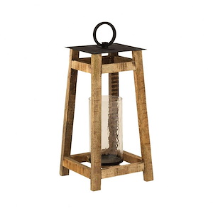 20 Inch Square Wood Lantern Candle Holder with Ring on Top made of Aluminum/Glass/Iron/Mango Wood in Grey/Natural Mango Wood Color and Holds 1 Candle - 895927