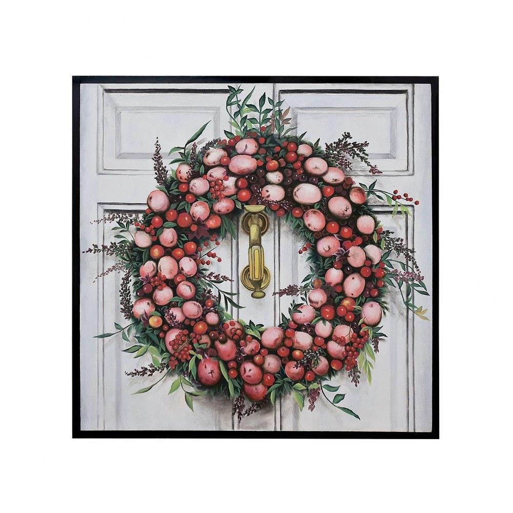 Bailey Street Home 2499-BEL-3385408 Easter Themed Wreath with Pink Eggs on a White Door Painting with Hand-Stretched Canvas and Black Frame 31 inches W x 31 inches H
