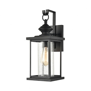 Transitional One Light Outdoor Wall Sconce with Exposed Bulb - Rectangular Porch Light with Hook Style Back Plate