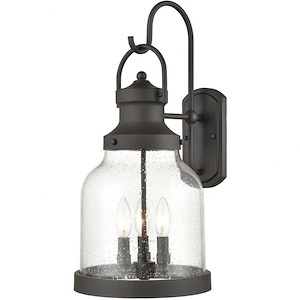 Bell Shaped Three Light Outdoor Wall Sconce - Hanging Lantern Porch Light with Exposed Bulbs